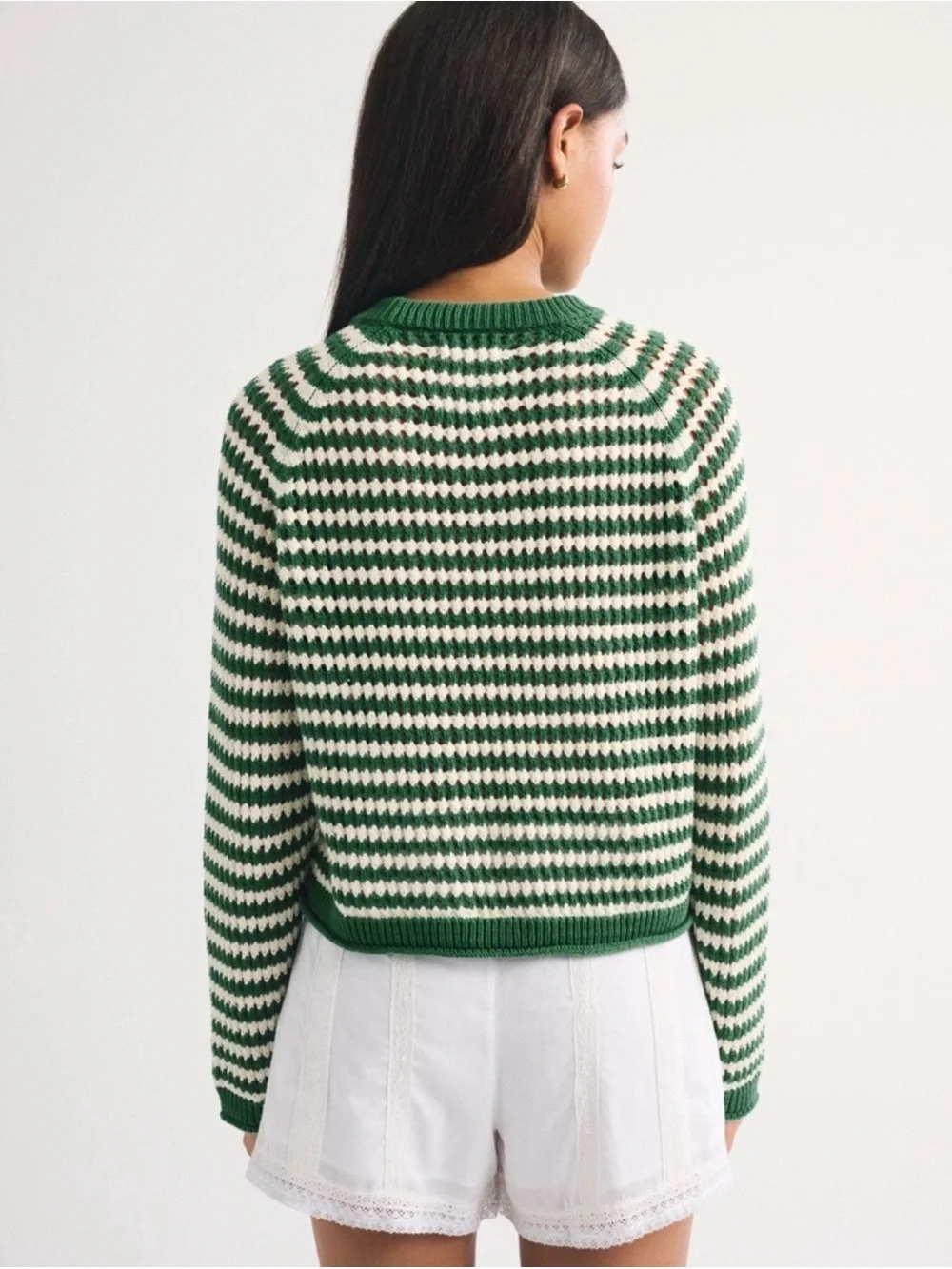 NWT Abercrombie Crochet Style Green and Cream Striped Crewneck Sweater Lrg